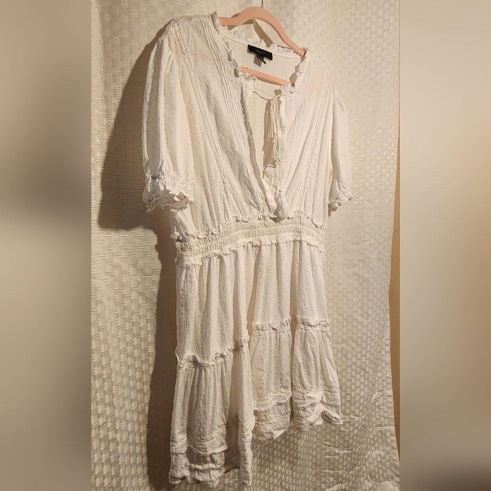 White Lace And Ruffle Embroidered Dress Tie Front Tassels Coastal Cowgirl - Picture 3 of 6